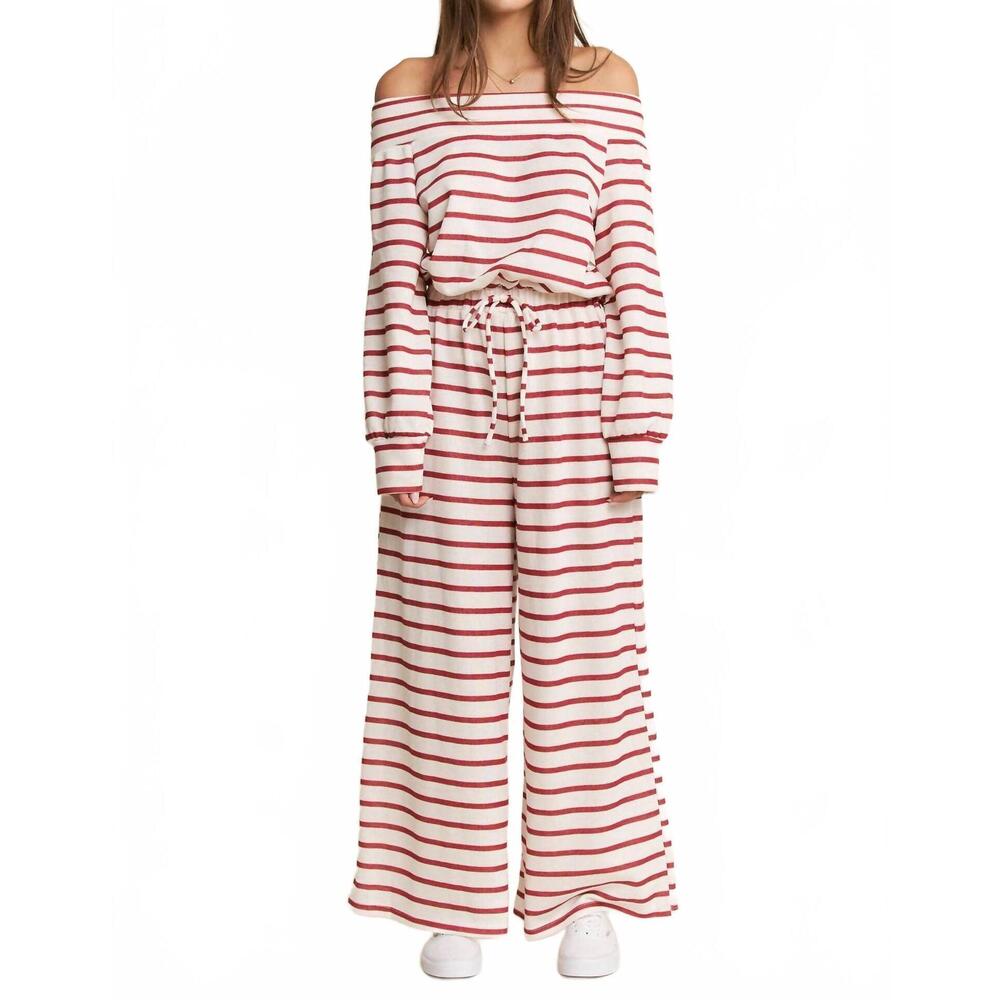 NEW JADE BY JANE off-shoulder terry striped relaxed fit jumpsuit in off-white re